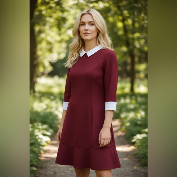 chic line Dresses & Skirts - CHIC LINE Women’s Red Shift Dress White Collar 3/4 Sleeve Ruffle Hem Size Large